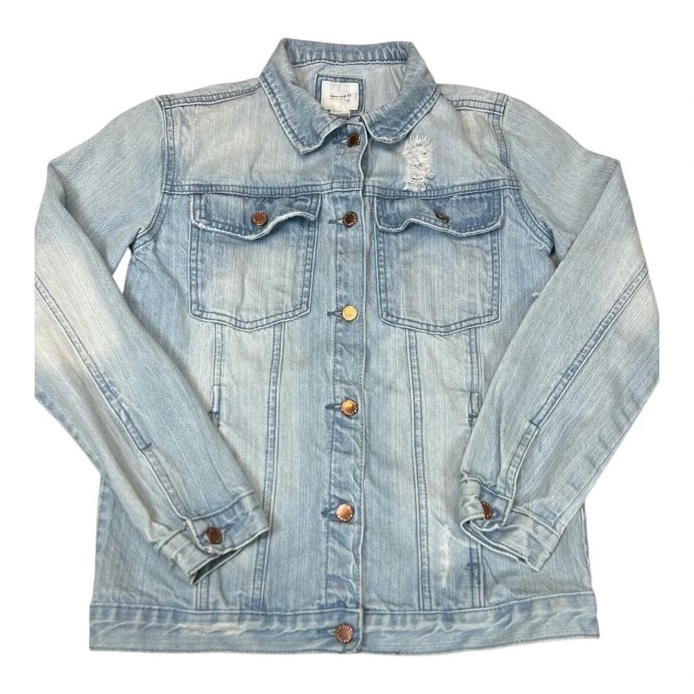 Forever 21‎ Denim Jacket Girls 13/14 Light Blue Excellent Distressed Jean Coat